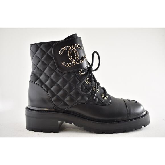Chanel 21A Black Quilted Gold CC Chain Combat Lace Up Tie Ankle Short Boots 36 - Picture 2 of 15
